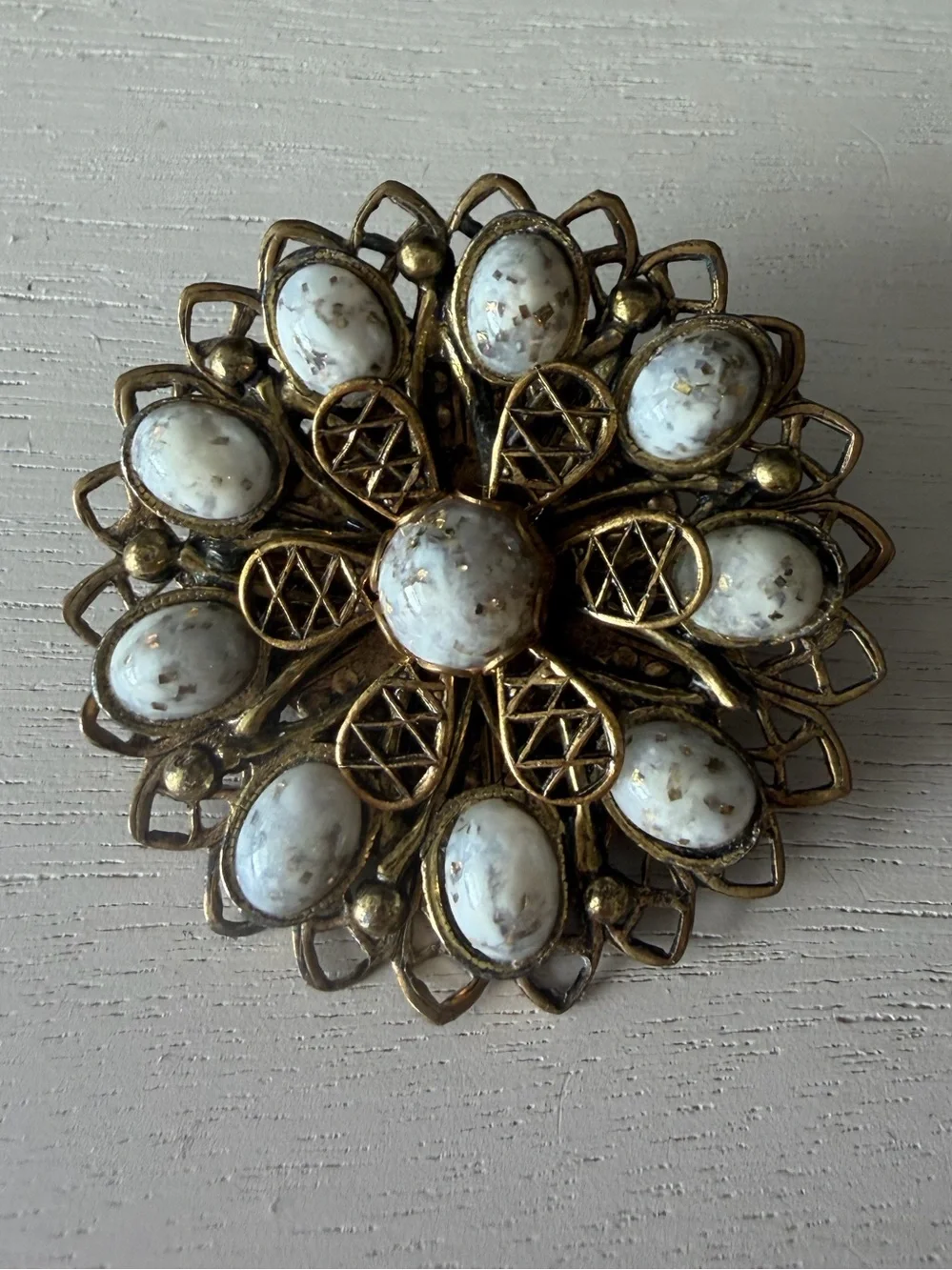 Vintage Gold Tone Filigree Floral Brooch White Confetti Cabochon Pin Mid Century